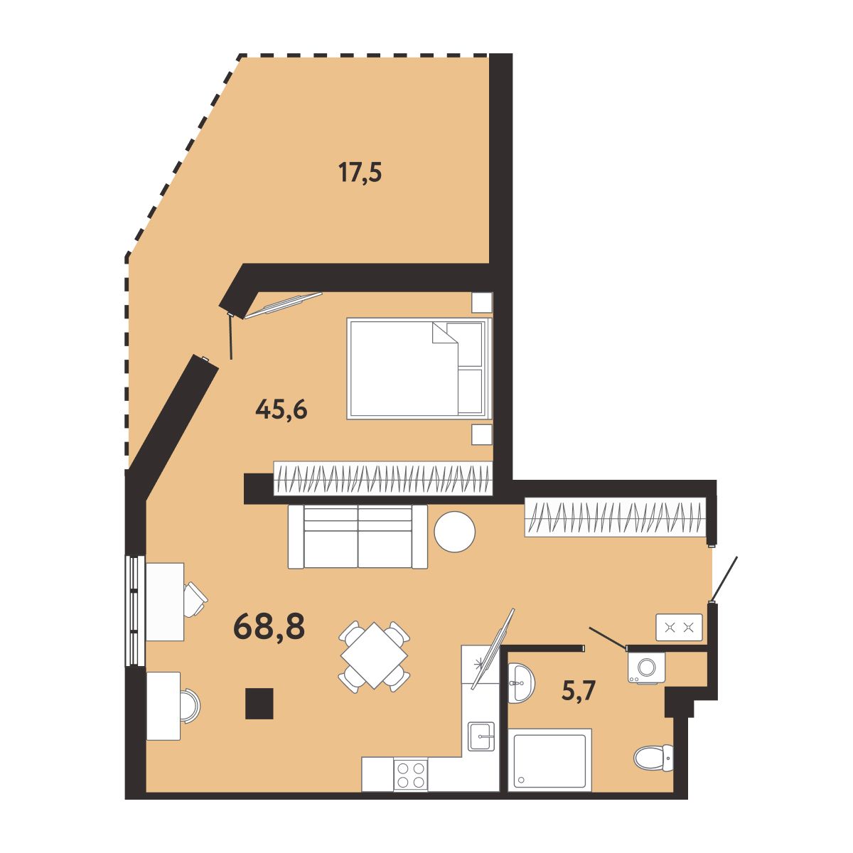 Планировка: 1-комнатная в ЖК «Арт-Ялта», 68,8 м², №523