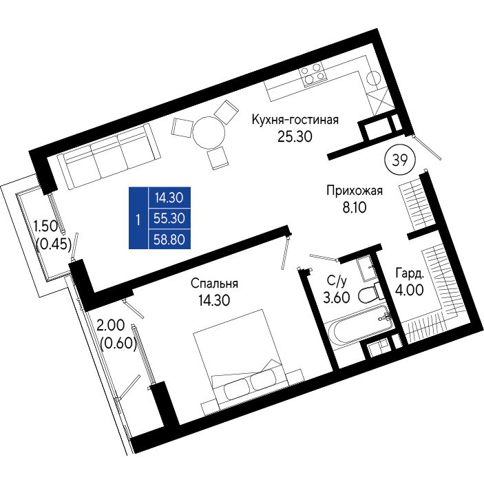 Планировка: 1-комнатная в ЖК «Кировъ», 58,8 м², №39