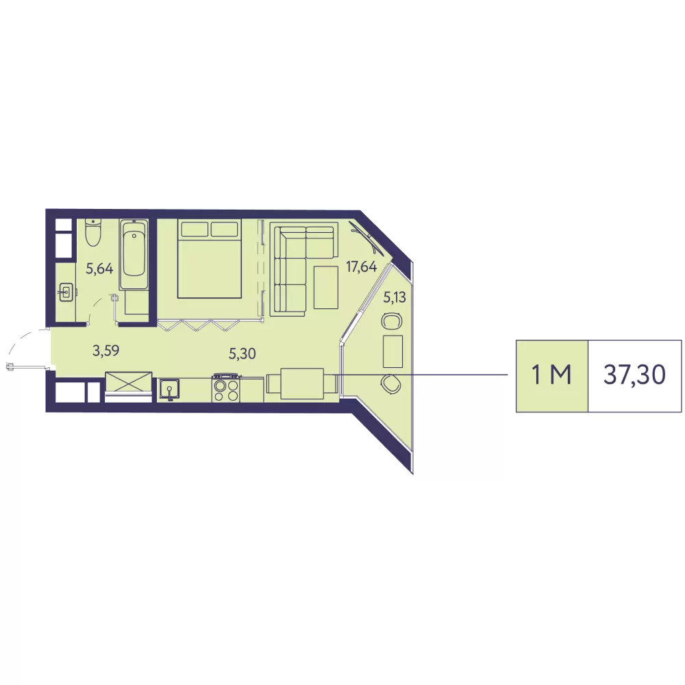 Планировка: 1-комнатная в ЖК «Новая Ливадия», 37,3 м²