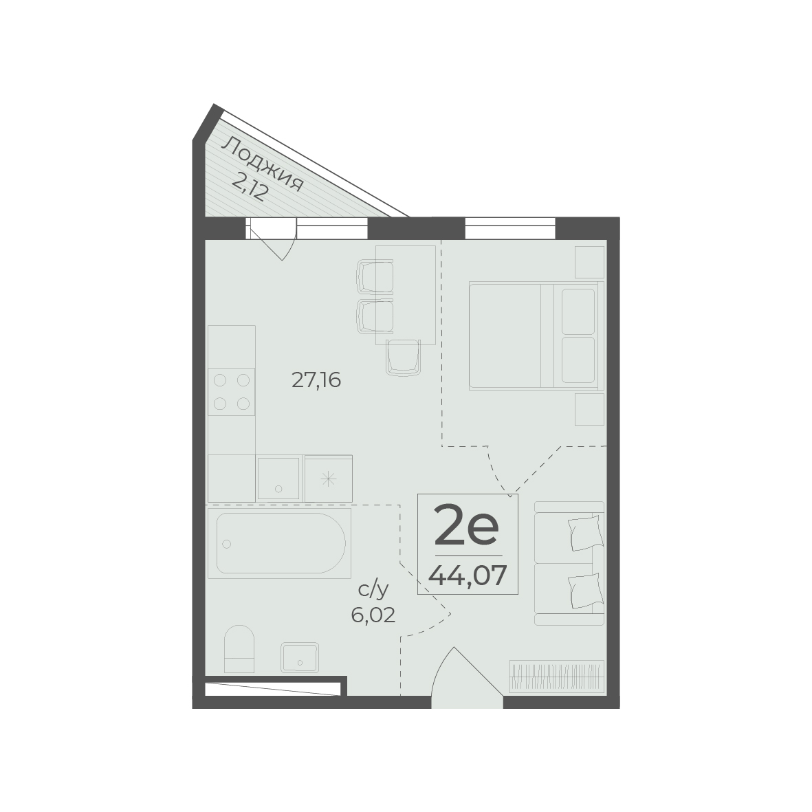 Планировка: 2-комнатная в ЖК «Botanica», 45,1 м²