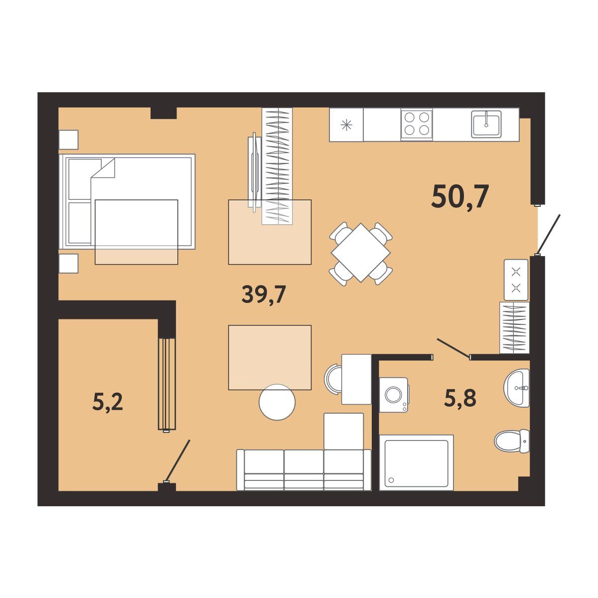 Планировка: 1-комнатная в ЖК «Арт-Ялта», 50,7 м², №720
