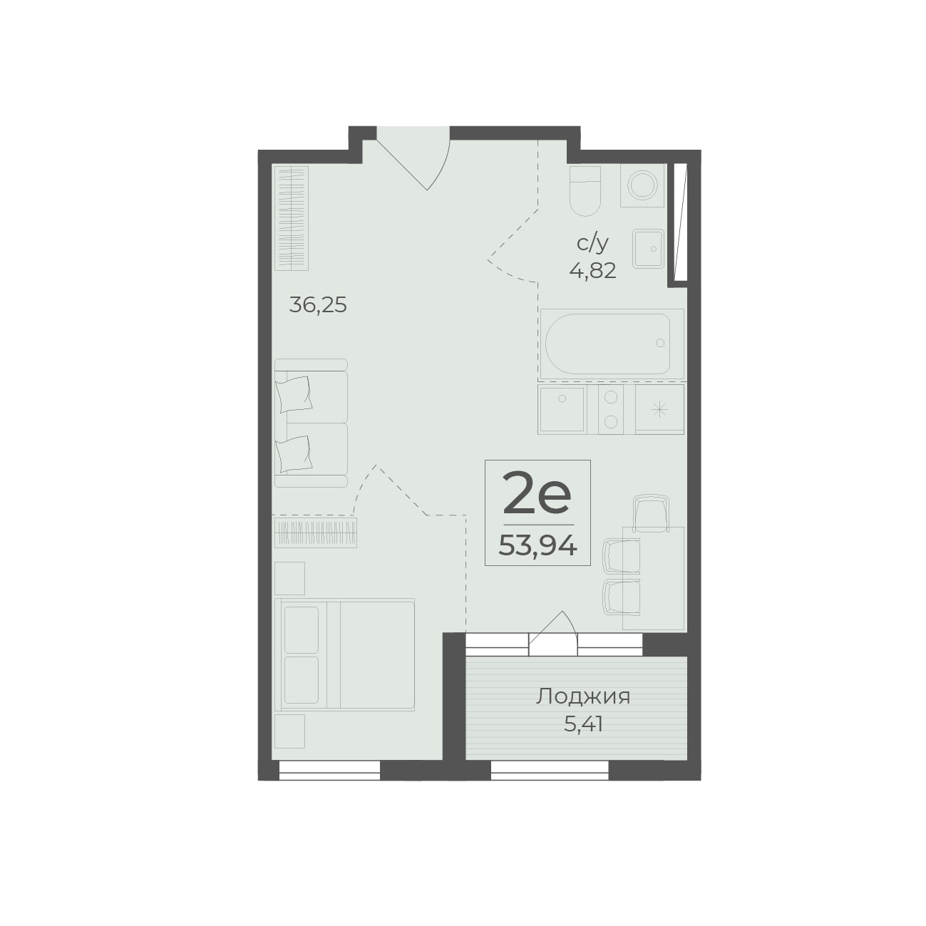 Планировка: 2-комнатная в ЖК «Botanica», 53,9 м²