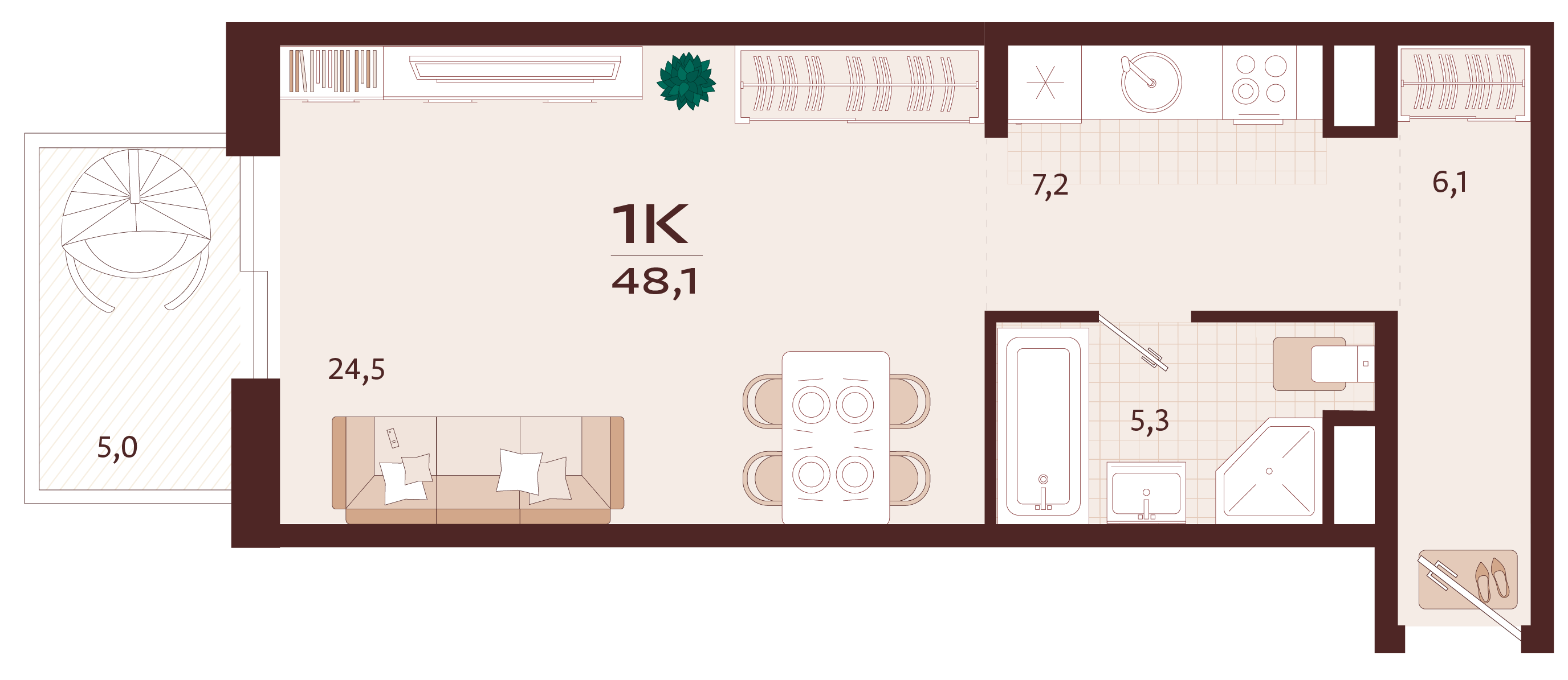 Планировка: 1-комнатная в ЖК «Роялта», 44,6 м², №2К38