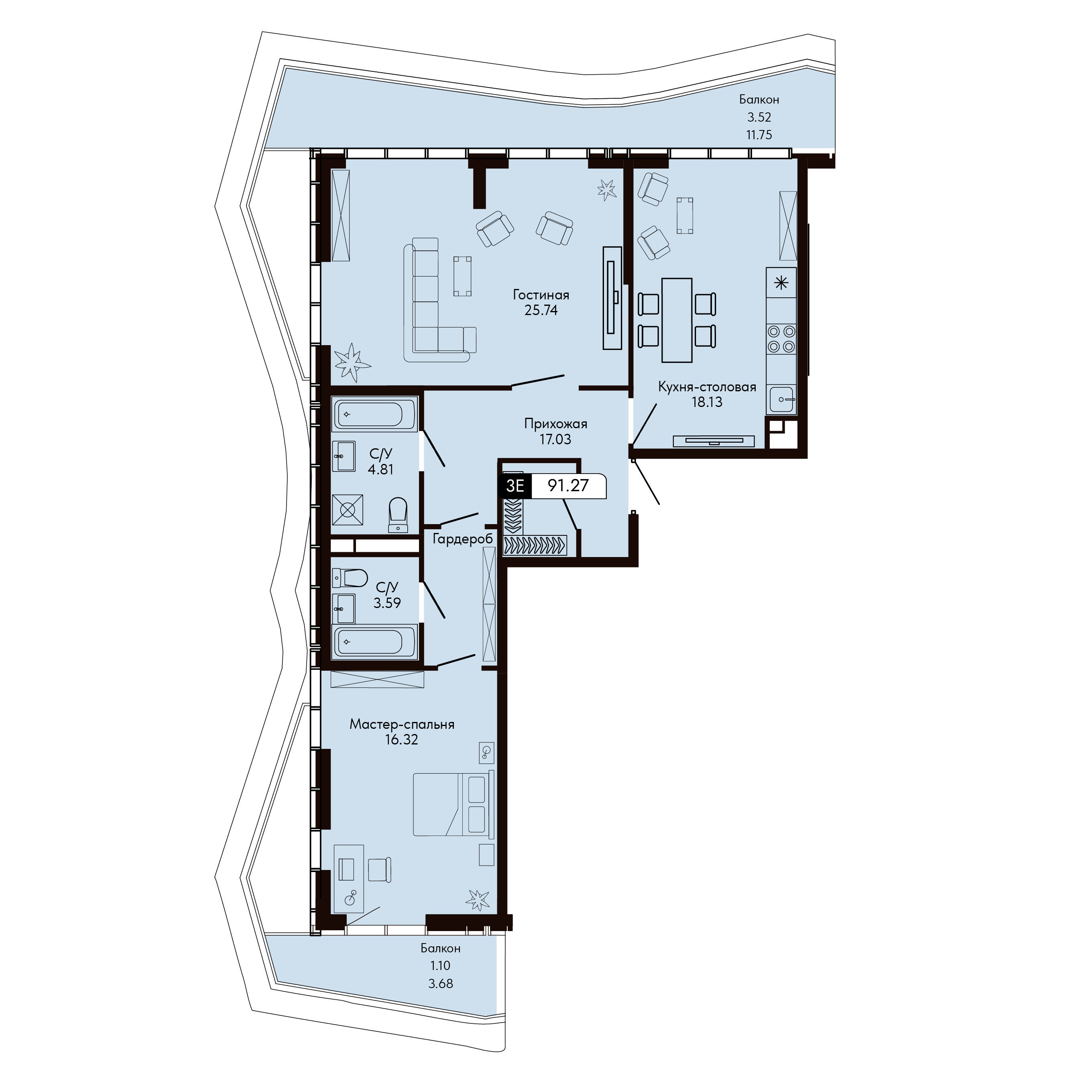 Планировка: 4-комнатная в ЖК «Ялтинская Резиденция», 91,3 м², №609