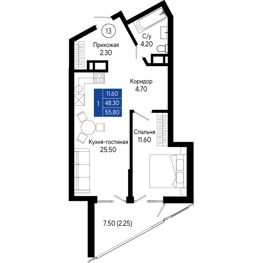 Планировка: 1-комнатная в ЖК «Кировъ», 55,8 м², №13