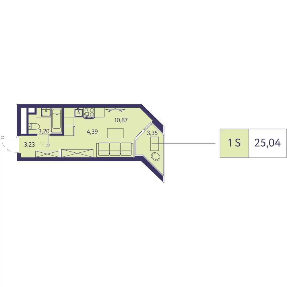 Планировка: 1-комнатная в ЖК «Новая Ливадия», 25 м²