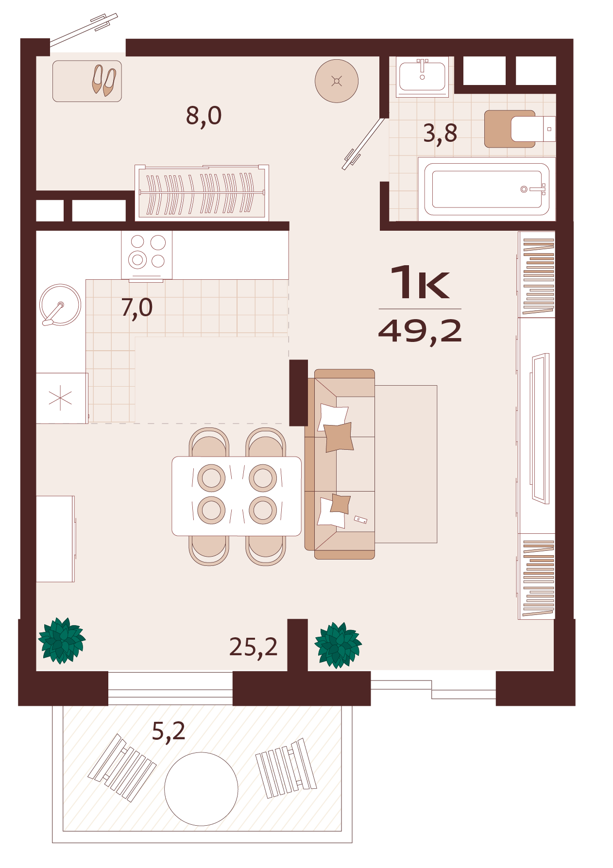 Планировка: 1-комнатная в ЖК «Роялта», 45,6 м², №5К65