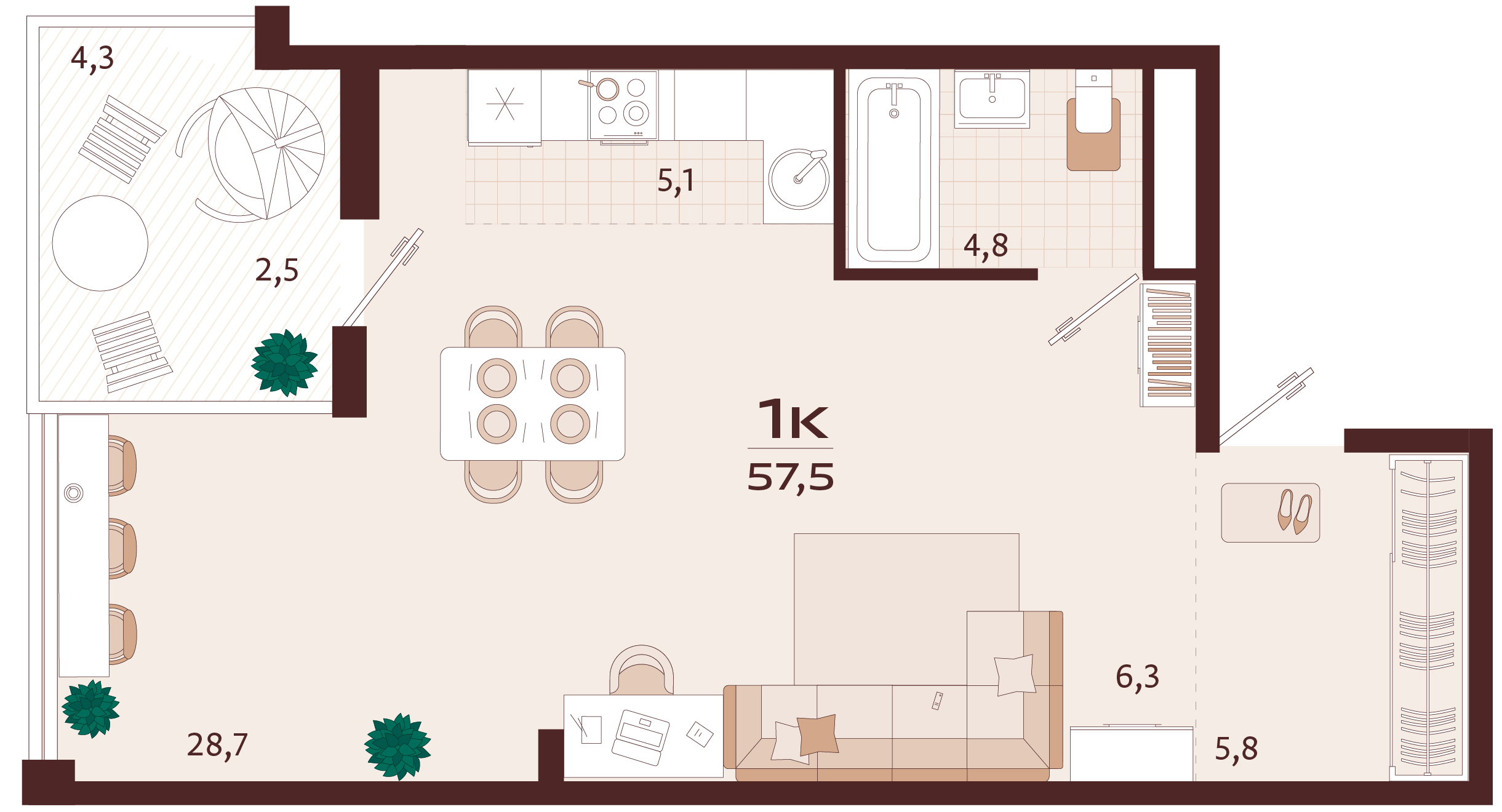 Планировка: 1-комнатная в ЖК «Роялта», 53,3 м², №117
